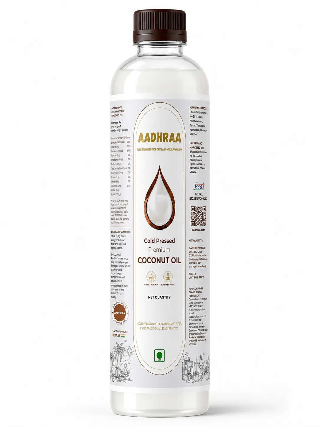 Aadhraa Cold Pressed Coconut Oil (200 ml) | Pure, Unrefined Edible Oil from Selected Tiptur Coconuts | For Cooking, Hair Care & Baby Massage