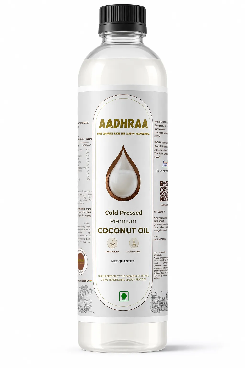 Aadhraa Cold Pressed Coconut Oil (500 ml) | Pure, Unrefined Edible Oil from Selected Tiptur Coconuts | For Cooking, Hair Care & Baby Massage
